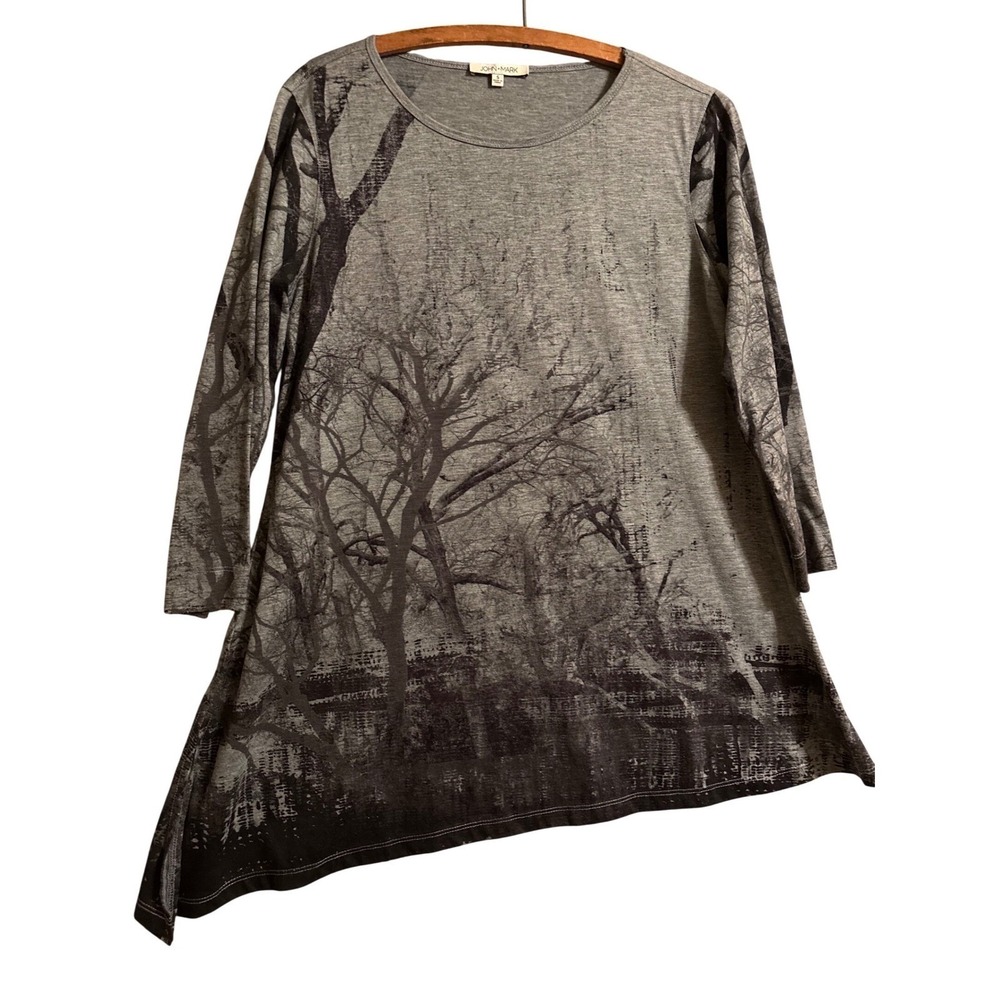 John Mark Womens S Gray Tree Print Asymmetrical Tunic Top Long Sleeve Artsy